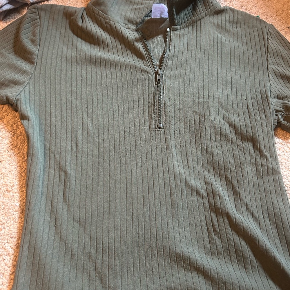 No Boundaries Olive Ribbed Zip-Up Top